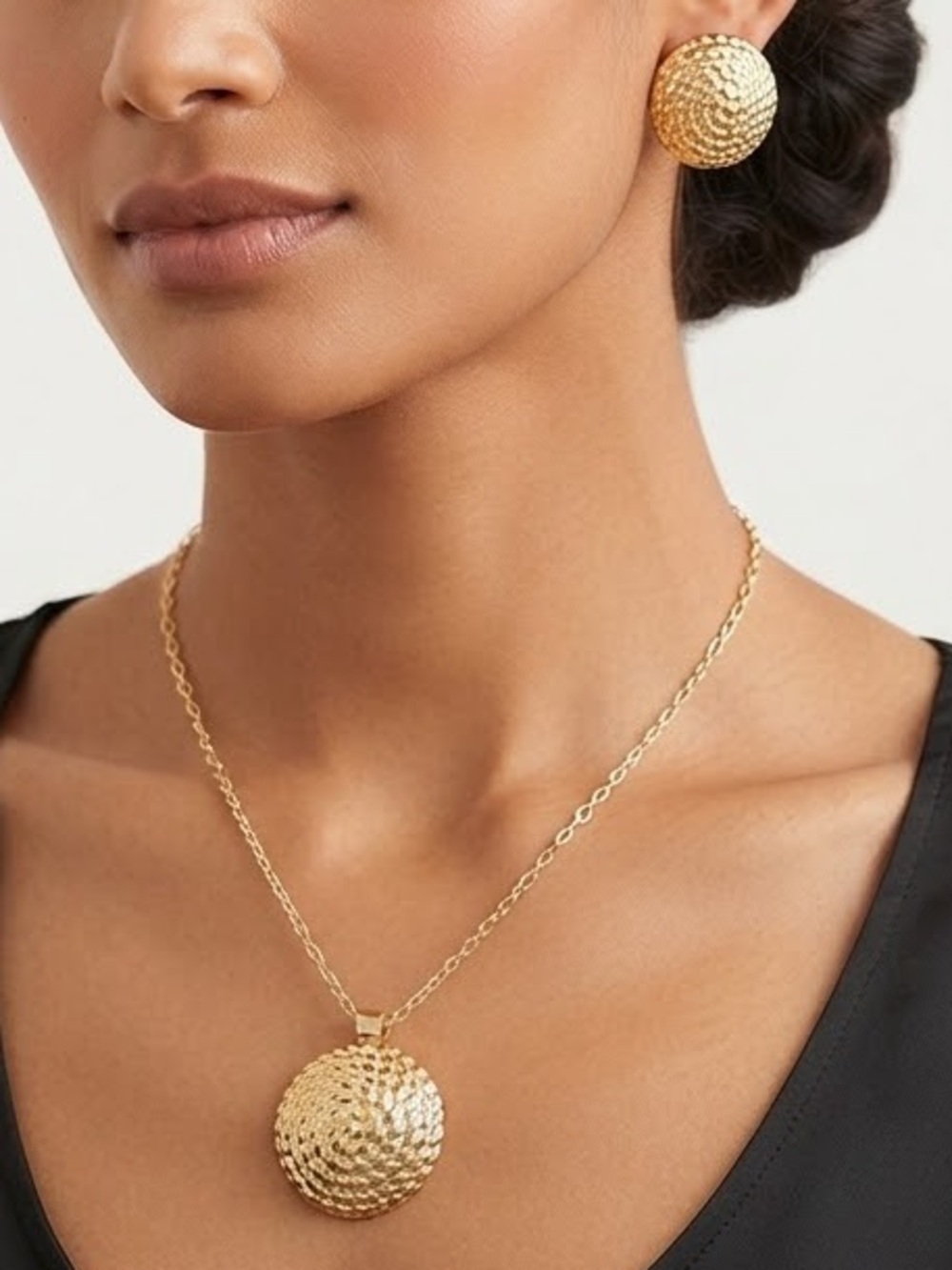 Gold Textured Disc Pendant Necklace and Earrings Set-Stainless Steel